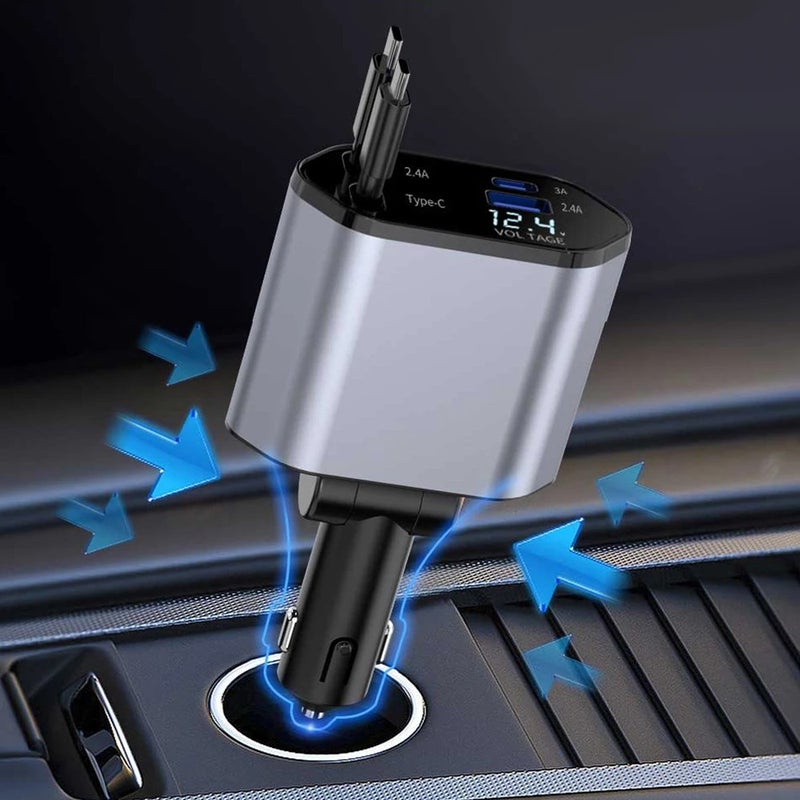 Bluejw Super Fast 4-in-1 Retractable Car Charger - 180° Adjustable USB Adapter with Display for iPhone 16 & Samsung - Automobile Charger - Image 5